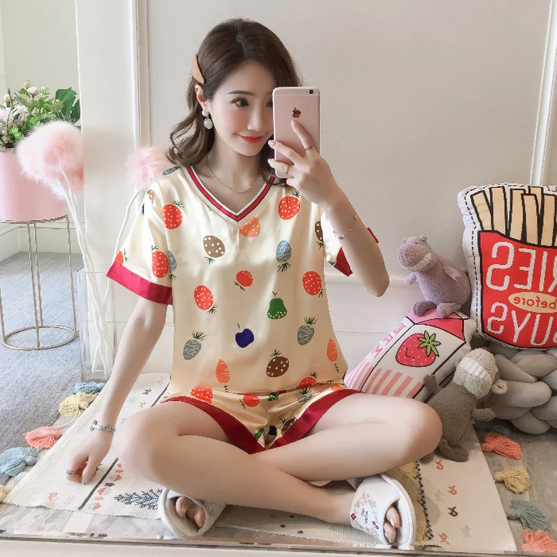 

new Pyjamas women satin pajamas set sexy lingerie Sweet fruit print short-sleeved T-shirt+shorts 2pcs home clothing pijama mujer