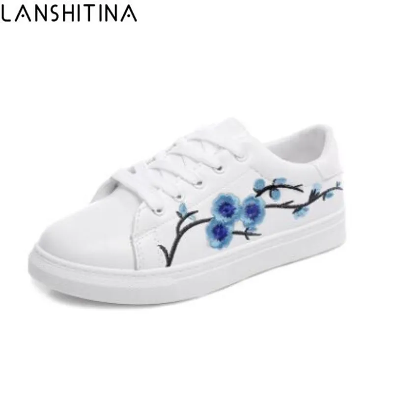 

Embroidery Flowers Moccasins Women White shoes Female Soft Breathable Casual Shoes PU Leather Students Lace-Up Flat shoes Woman