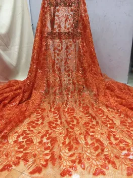 

Latest African Lace Fabric High Quality orange Sequins Fabric Embroidery Lace Fabric 3d French Nigerian Party Dress
