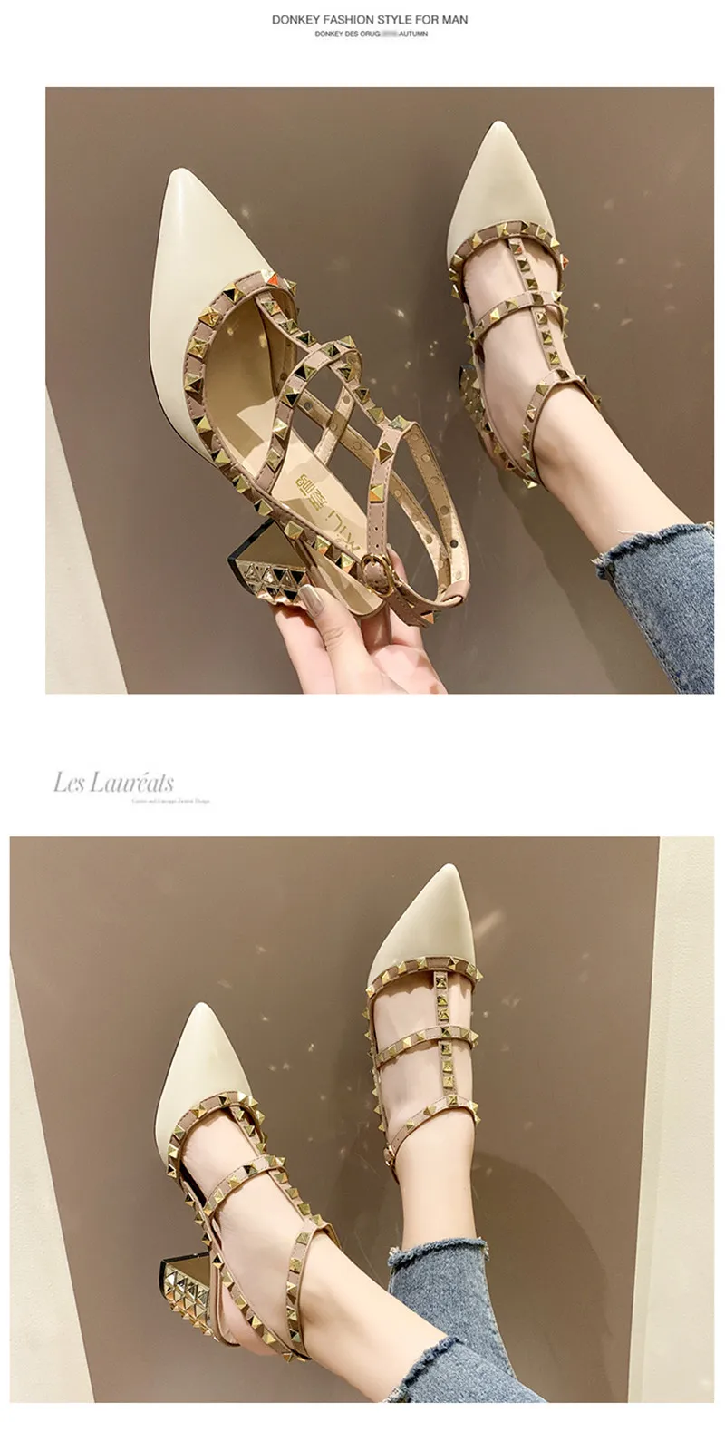 HKJL/корейская модная обувь с заостренным носком и заклепками; Новинка года; Весенняя женская обувь на шпильке с пряжкой сзади; A892