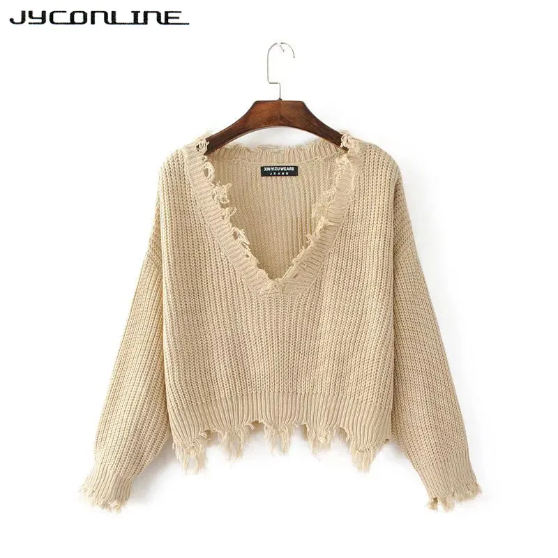 JYConline Sexy Knitted Sweater Women Jumper Black White V-neck Ripped Pullover Sweater Pull Femme Oversized Sweater Knitwear Top