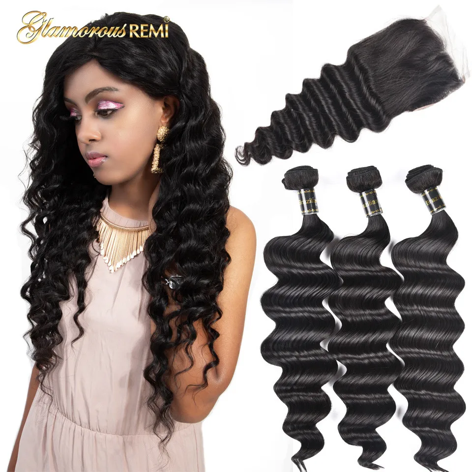 Brazilian Loose Deep Wave Bundles With Closure 8a Virgin Hair Wet and Wavy Human Hair Extension Natural Color Thick Hair Closure