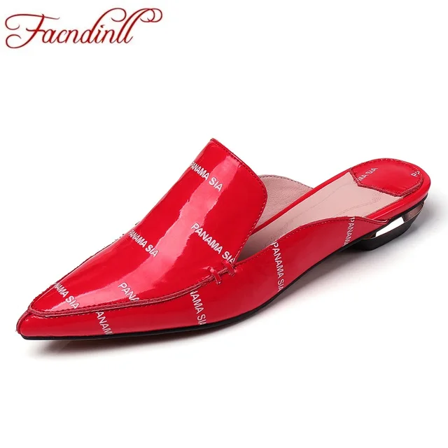 FACNDINLL single shoes spring leather fashion printing big size code red patent leather sandals and slippers flat casual shoes