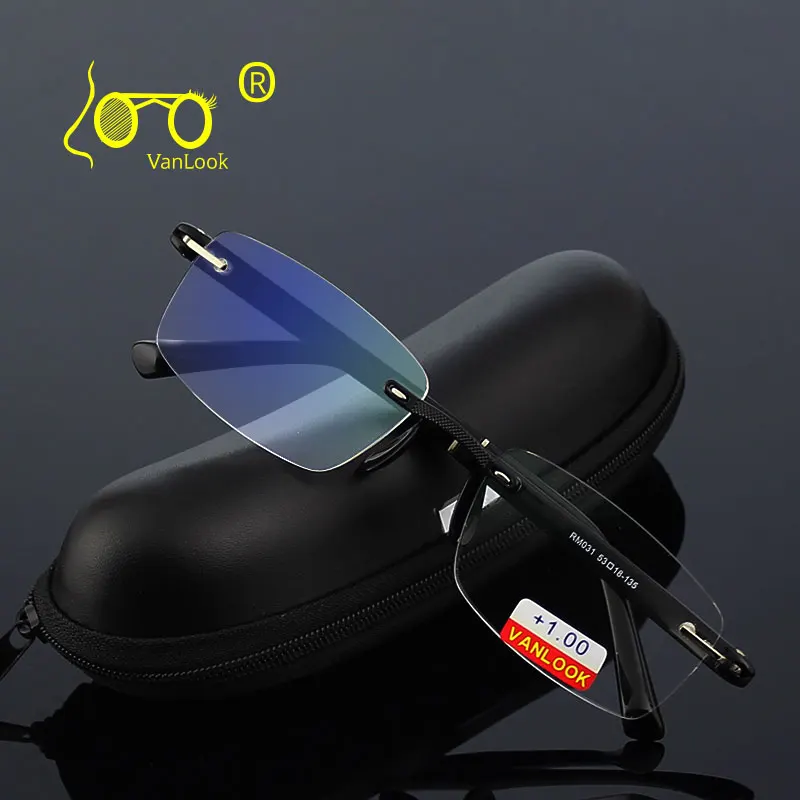 Tanie Okulary do czytania z etui + 1.00 + 1.50 + 2.00 + 2.50 + 3.00 + 3.50 + 4.00 TR90 Oculos de Leitura Rimless Men antyrefleksyjne
