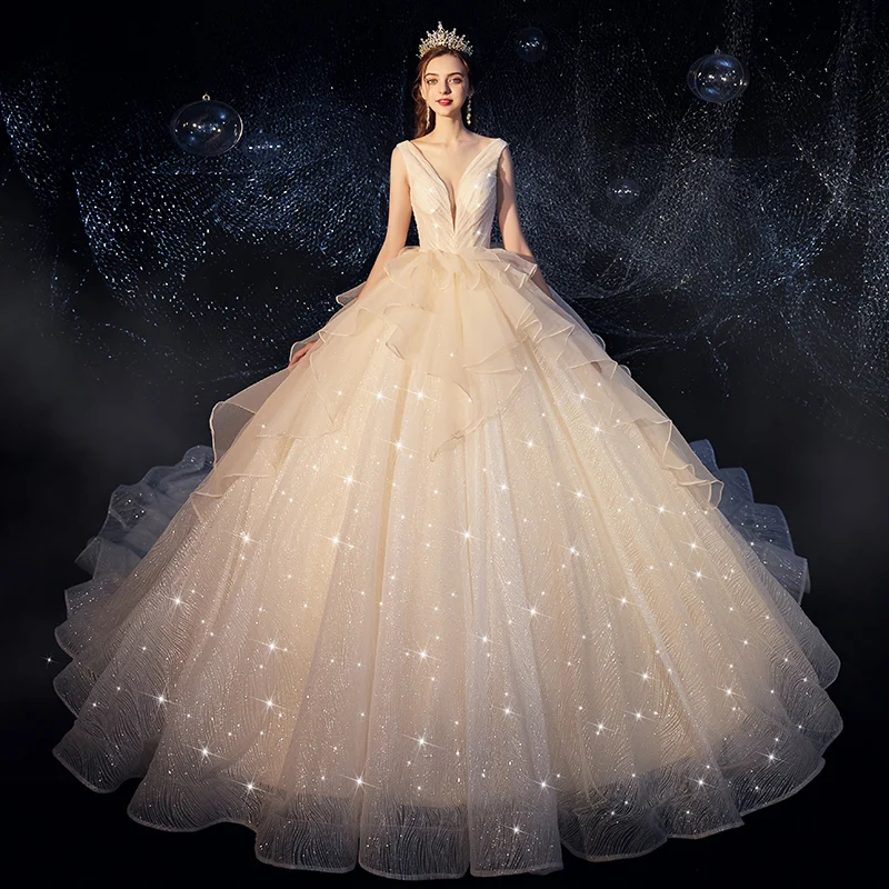 

Vivian's Bridal Luxury Shine Starry Sky Ball Gown Wedding Dress Sexy Deep V-neck Ruffle Sequin Crystal Yarn Women Bridal Dress