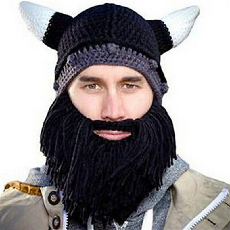 

2019 Creative Halloween Men Hats Autumn Winter Keep Warm Personality Horned Beard Mask Hat Handmade Wool Knit Funny Party Caps