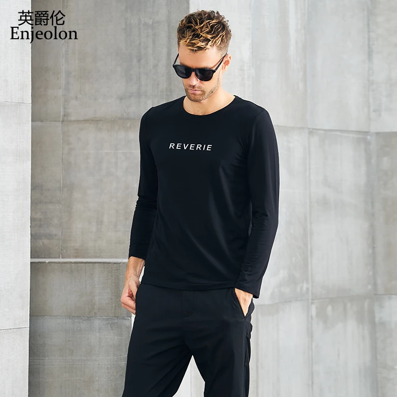 

Enjeolon brand spring COTTON tee shirts o neck long sleeve t shirts men cotton 3 color words printing basic Tops Tee RST7254-1