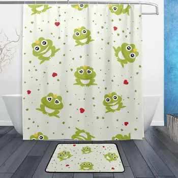 

Cute Animal Shower Curtain and Mat Set, Cartoon Frog King Heart Waterproof Fabric Bathroom Curtain