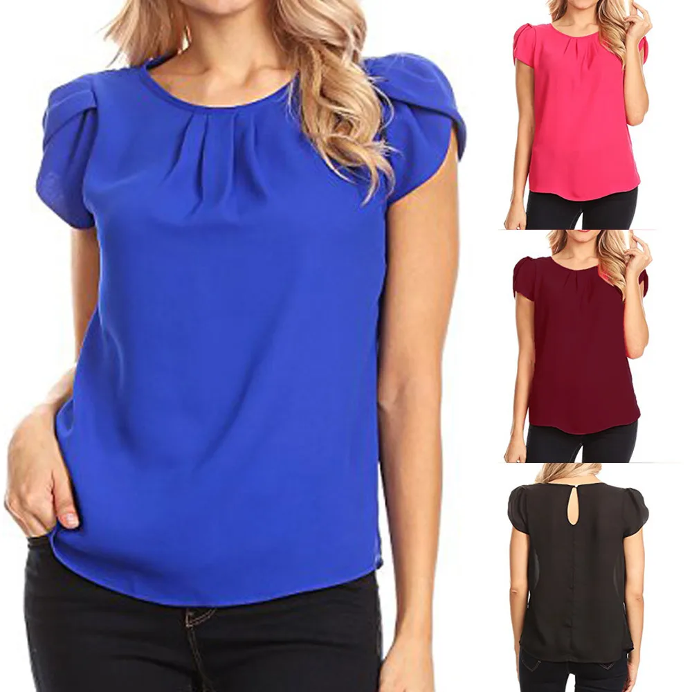 

Women Chiffon Solid Pure Basic Soft Short Sleeve Button Round neck clothes for women Tops roupas femininas#15