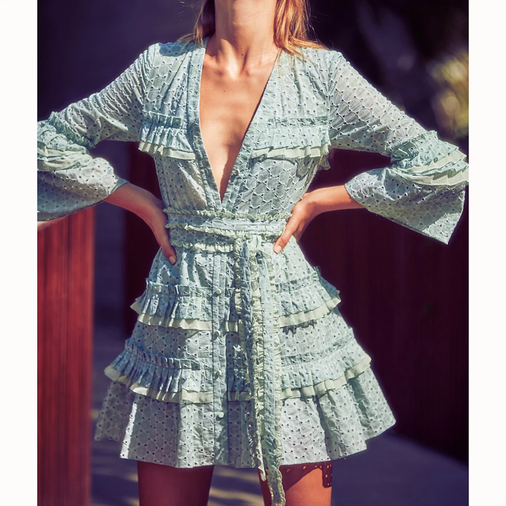 

KHALEE YOSE High Quality Audrea Mini Dress Summer Dress Eyelet Tiered Ruffled Belt Button Front Long Sleeve Party Dresses Women