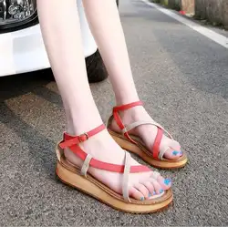 Новый на низком каблуке римские сандалии женские пирожки говядины сухожилия нижней носком Летняя обувь больших размеров