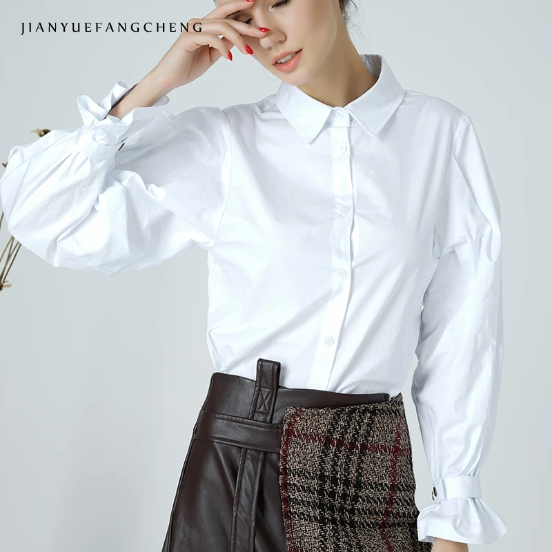 

Office Ladies White Cotton Blouse POLO Shirt Puff Sleeve Turn-down Collar Single-Breasted Cardigan Elegant Female Formal Tops