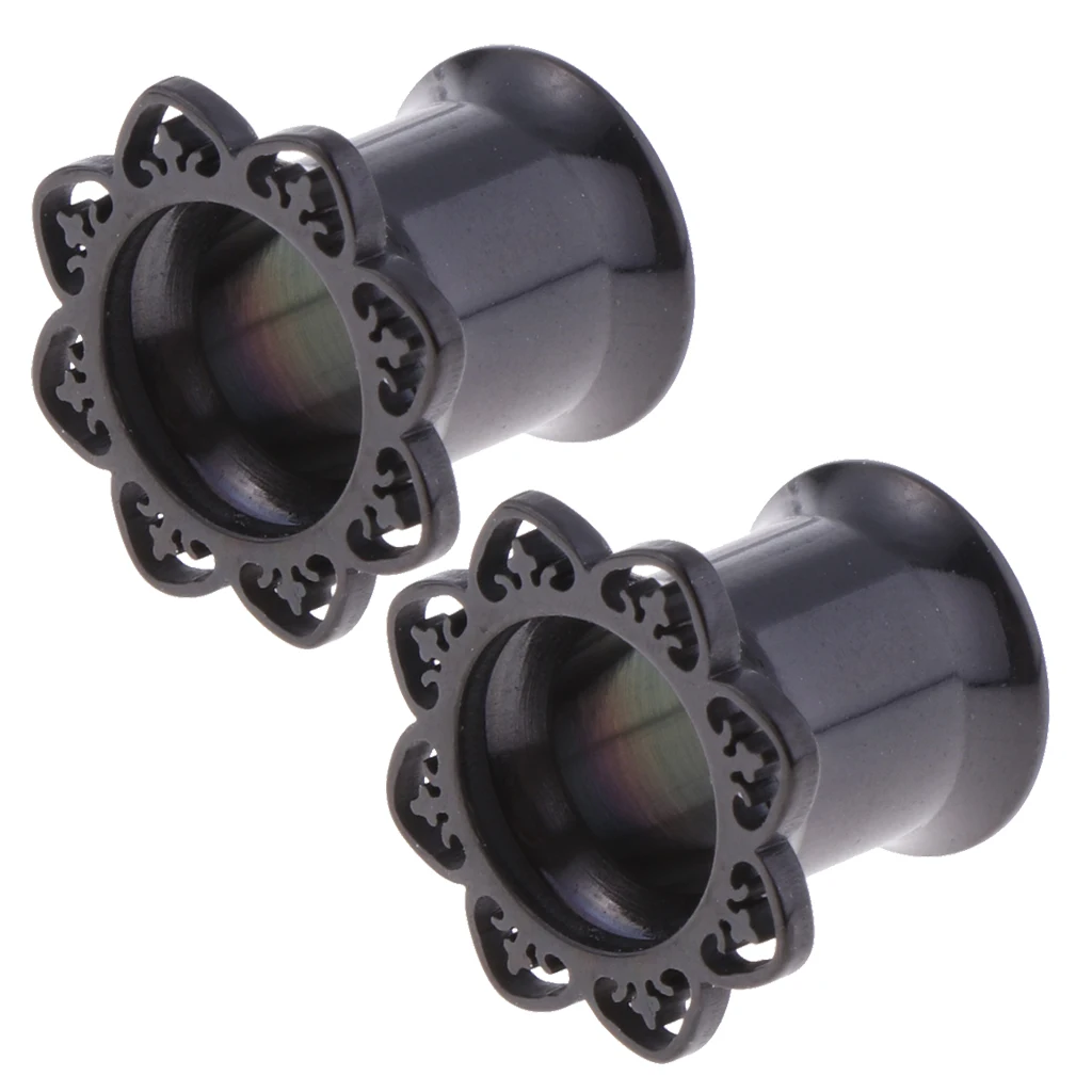 2Pieces Black Flower Stainless Ear Flesh Tunnels Flared Earrings Gauges 8mm