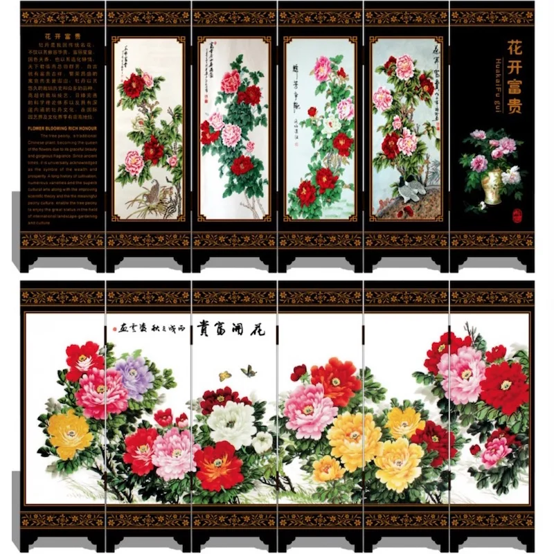 Мини складные перегородки 6 соединенных панелей декоративная покраска дерева Byobu Huakaifugui богатые и заслуженные быть в полный цветок 3 размера