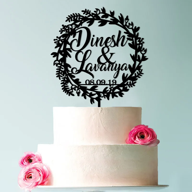 Personalized Wood Wedding Cake Topper with Names and Date, wreath Acrylic wedding cake topper, surname wedding cake topper