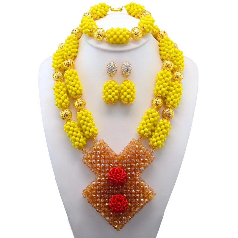 

Fantastic Yellow African Beads Jewelry Set Wedding Crystal Flower Occassion Jewelry Necklace Set for Women Free Shipping