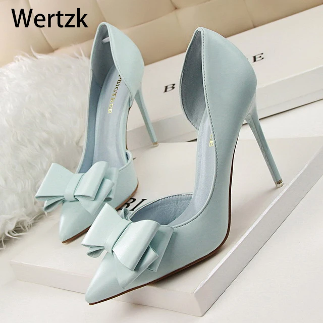 

Wertzk 2018 Fashion Delicate Sweet Bowknot High Heel Shoes Side Hollow Pointed Toe Women Pumps L087