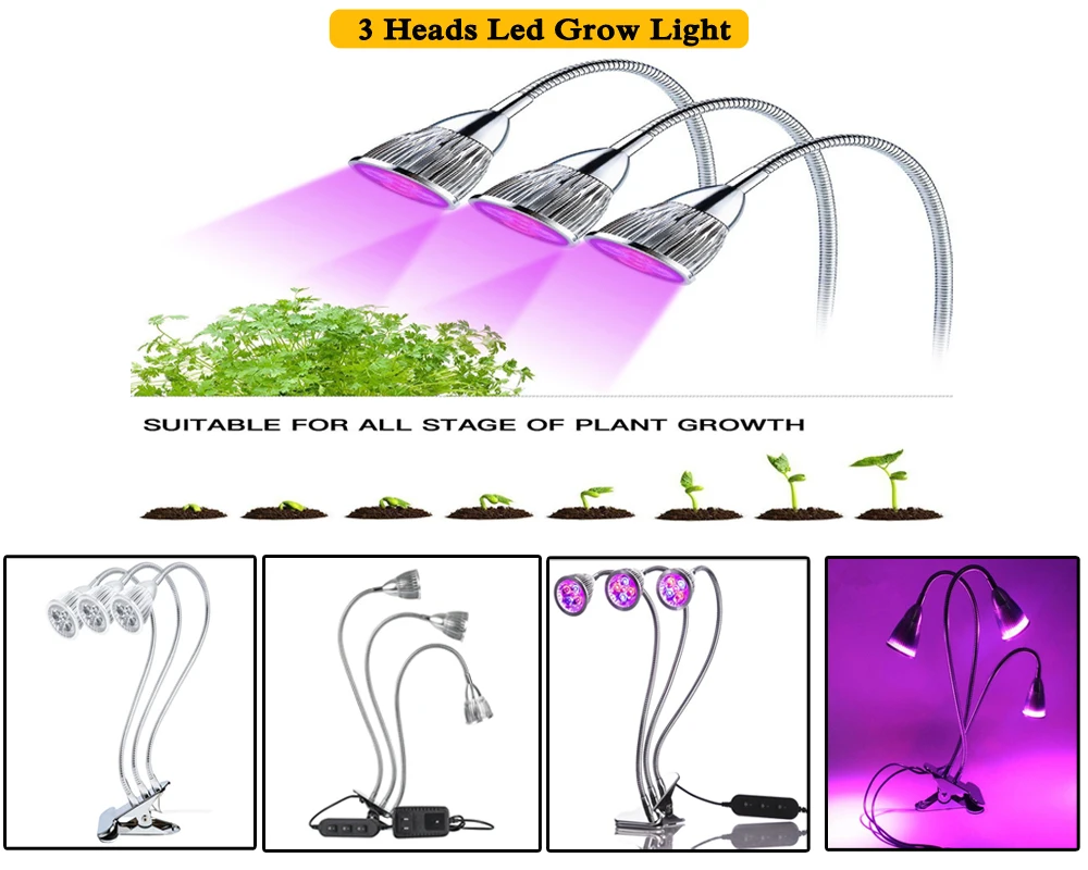 3 головки светодиодный светать Dual Head 15 W 10 W завод светодиодная лампа для выращивания Фито lampy с двойной на переключатель ВКЛ./ВЫКЛ .. для