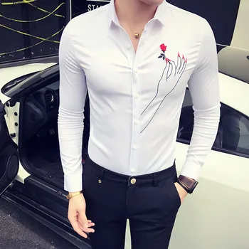 

Autumn Spring new Korean men's Embroidered long sleeve slim shirts male nightclub hairdressers personality casual shirts