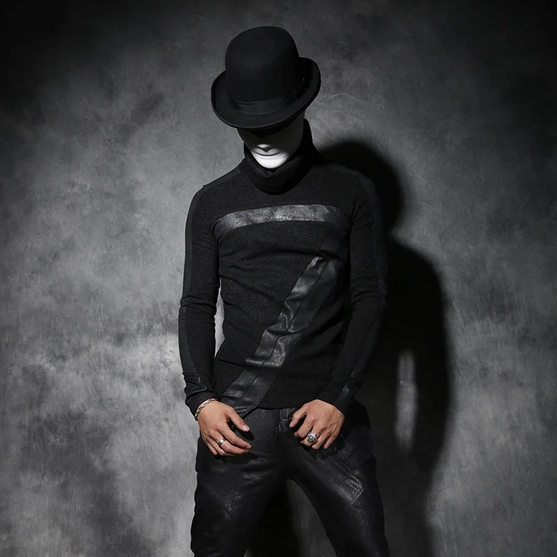 

2019 Male slim turtleneck sweater male basic shirt personalized vintage leather patchwork sweater men's clothing singer costumes