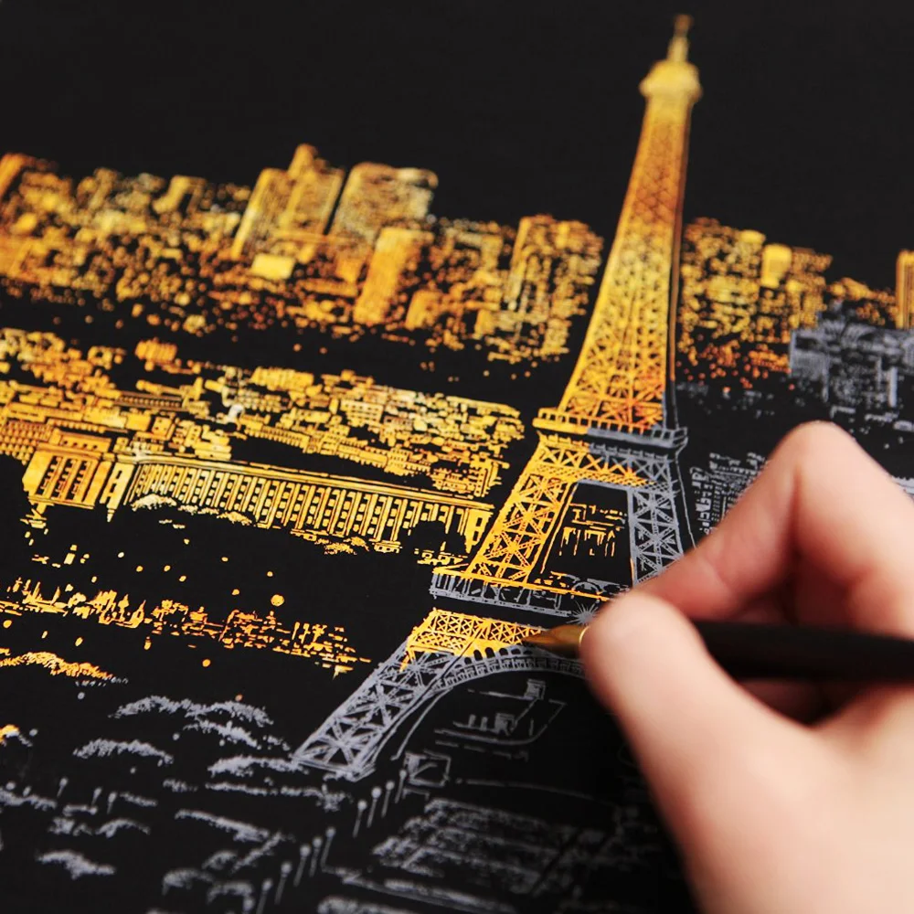 

1pc 2015 pop 9 famous cities scratch painting papers with a scratch pan gold color scratch art paper scratch night view painting
