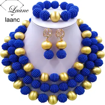 

Laanc Royal Blue Simulated Pearl Black Women African Jewelry Set Nigerian Beads Necklace Wedding Accessories AL628