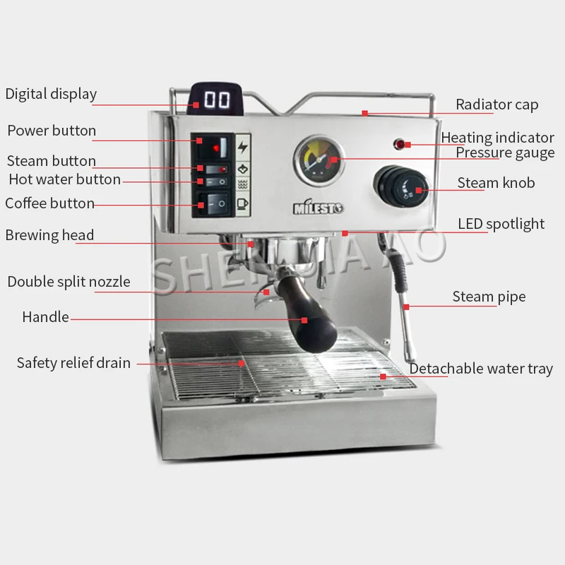 EM-18 Household Coffee Machine Italian Semi-Automatic Coffee Machine Stainless steel Espresso 9Bar machine 220V