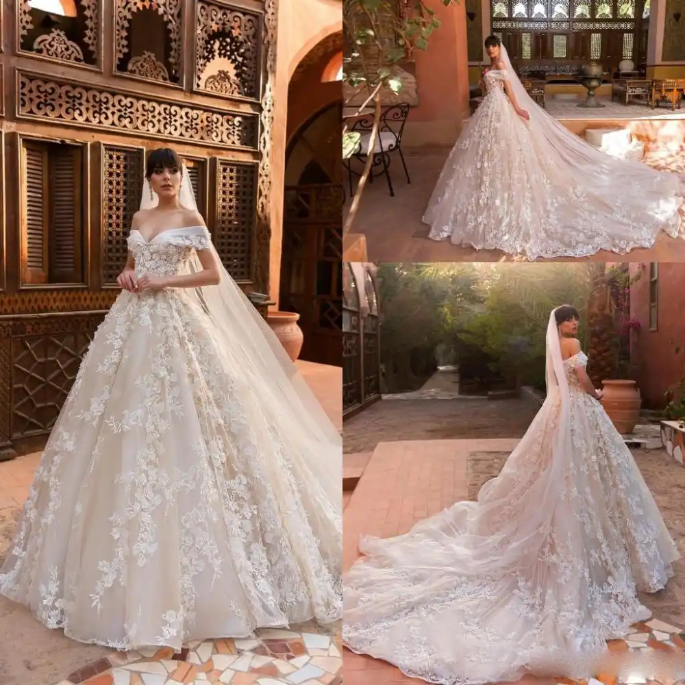 Hermosos Vestidos De Boda De Princesa Sin Hombros Vestidos De Novia En 3d Con Apliques De Flores Para Jardin Vestidos De Novia Para Boda Vestido De Campo Noiva Aliexpress