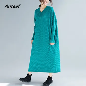 

long sleeve cotton knitted vintage plus size women casual spring winter loose sweater dress elegant clothes 2020 ladies dresses