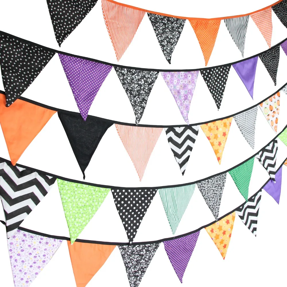 

12 Flags - 3.2M Cotton Fabric Black Orange Customize Halloween Decoration Bunting Party Decor Room Garland Garden Decoration