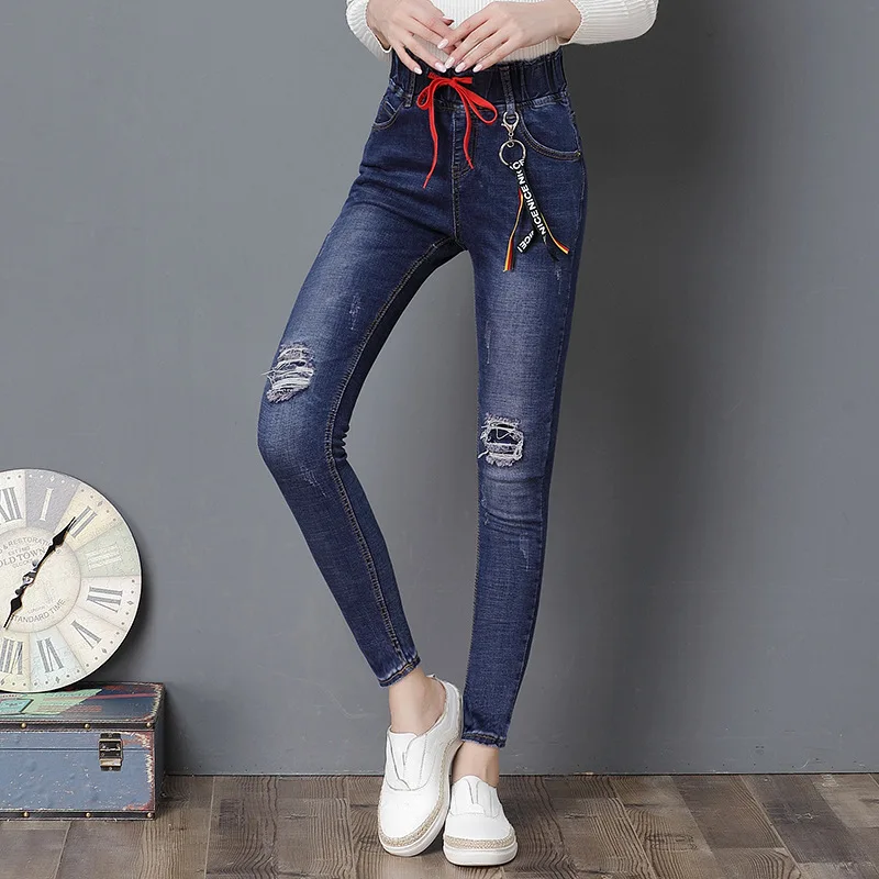 New Hole Ripped Jeans Women High Waist Elastic Drawstring Skinny Denim Pencil Pants Woman Jeans 
