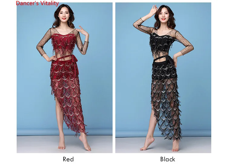 Новая модная женская одежда для танца живота, эластичный комплект из 2 предметов: Топ и пояс