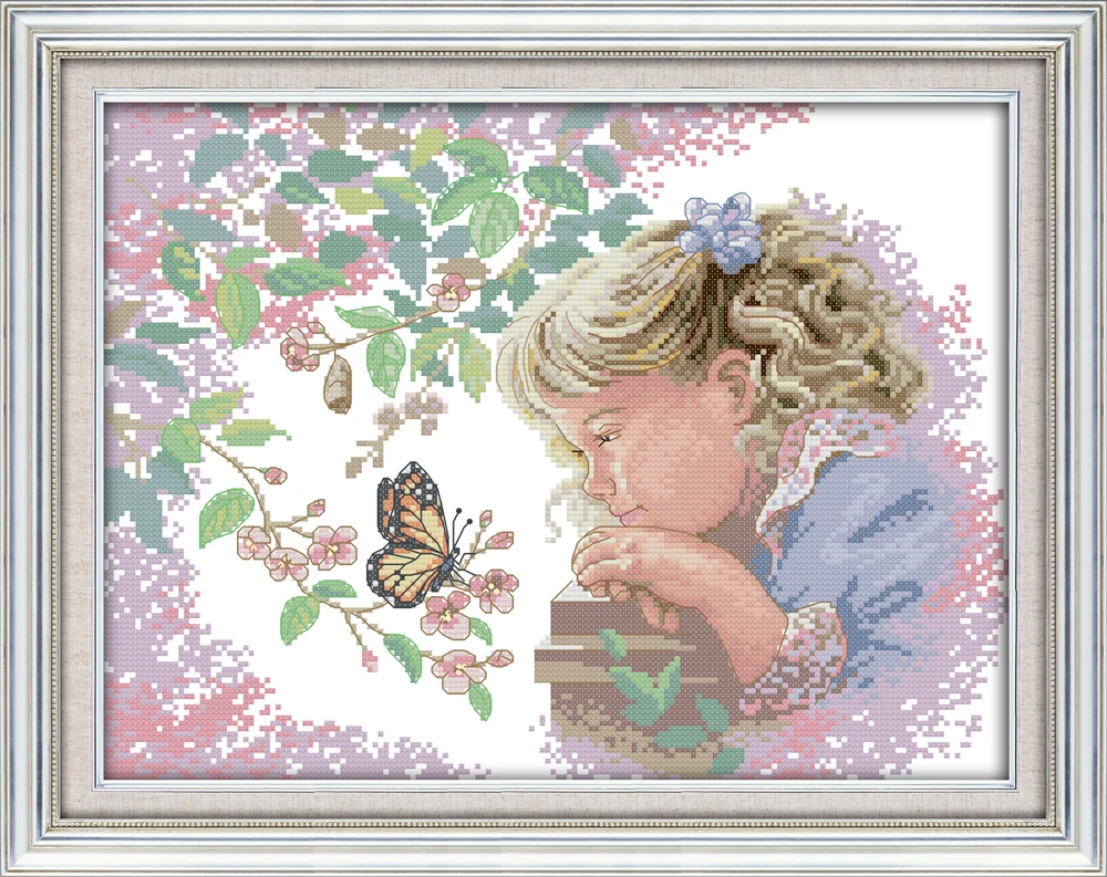 

The little girl with butterfly cross stitch kit print canvas hand sew cross-stitching embroidery DIY handmade needlework
