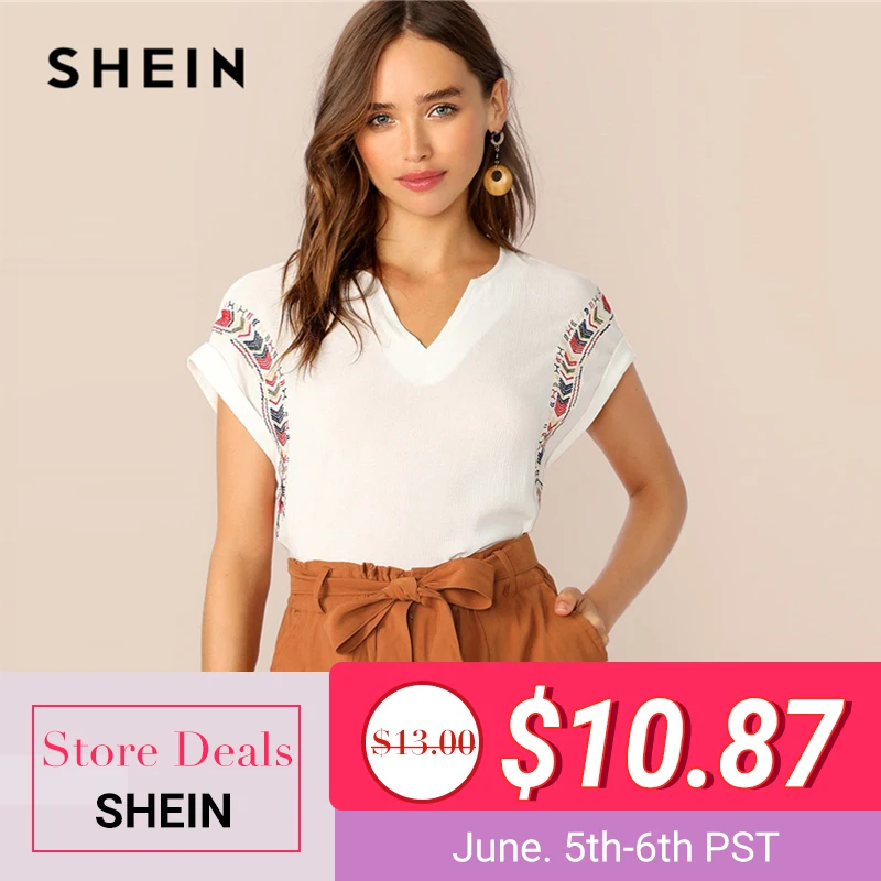 

SHEIN Boho White Short Cuffed Sleeve Embroidered Crepe Top V-Neck Blouse Women Summer Solid Casual Ladies Tops and Blouses