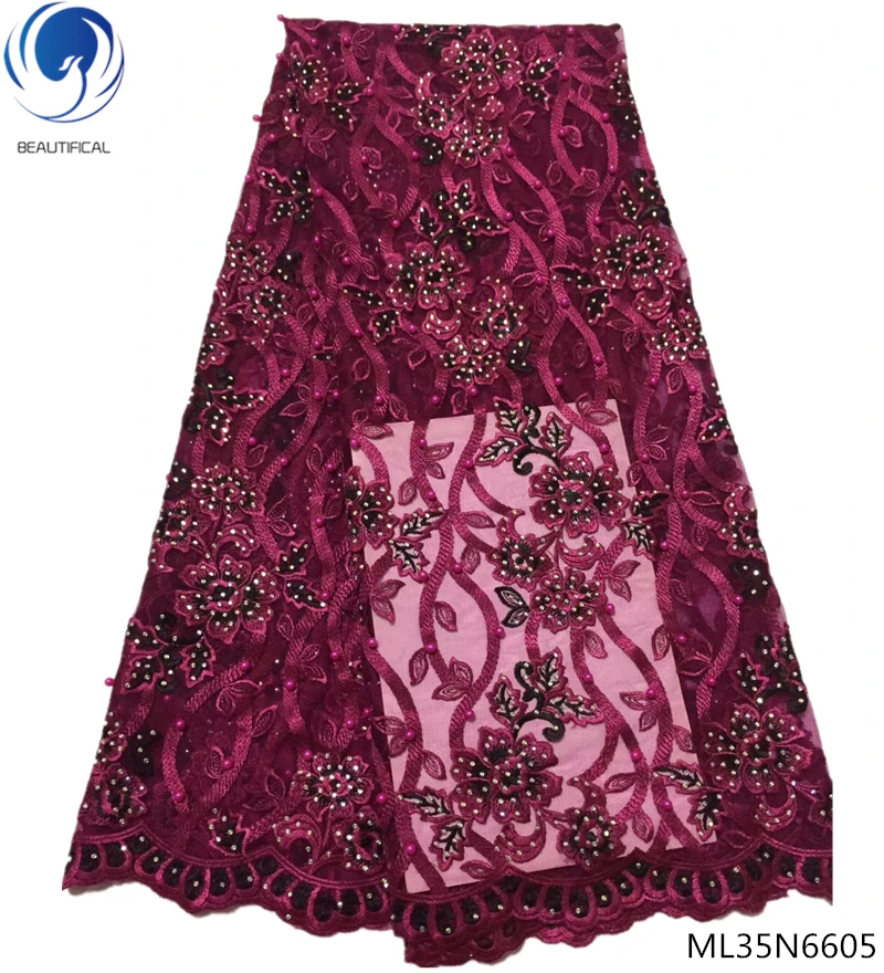 

Beautifical african net lace fabrics with rhinestone 2019 high quality lace fabrics with stones and beads 5yards/lot ML35N67