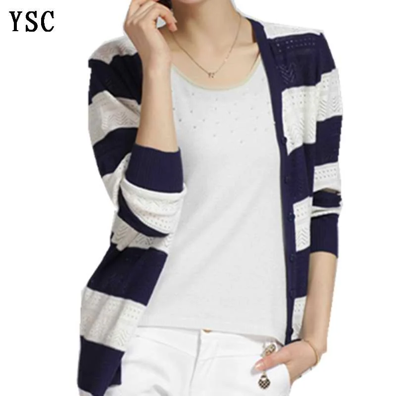 

YUNSHUCLOSET 2017 New Design High Quality Openwork cardigan silk and wool blend stripe cardigan Free Shipping