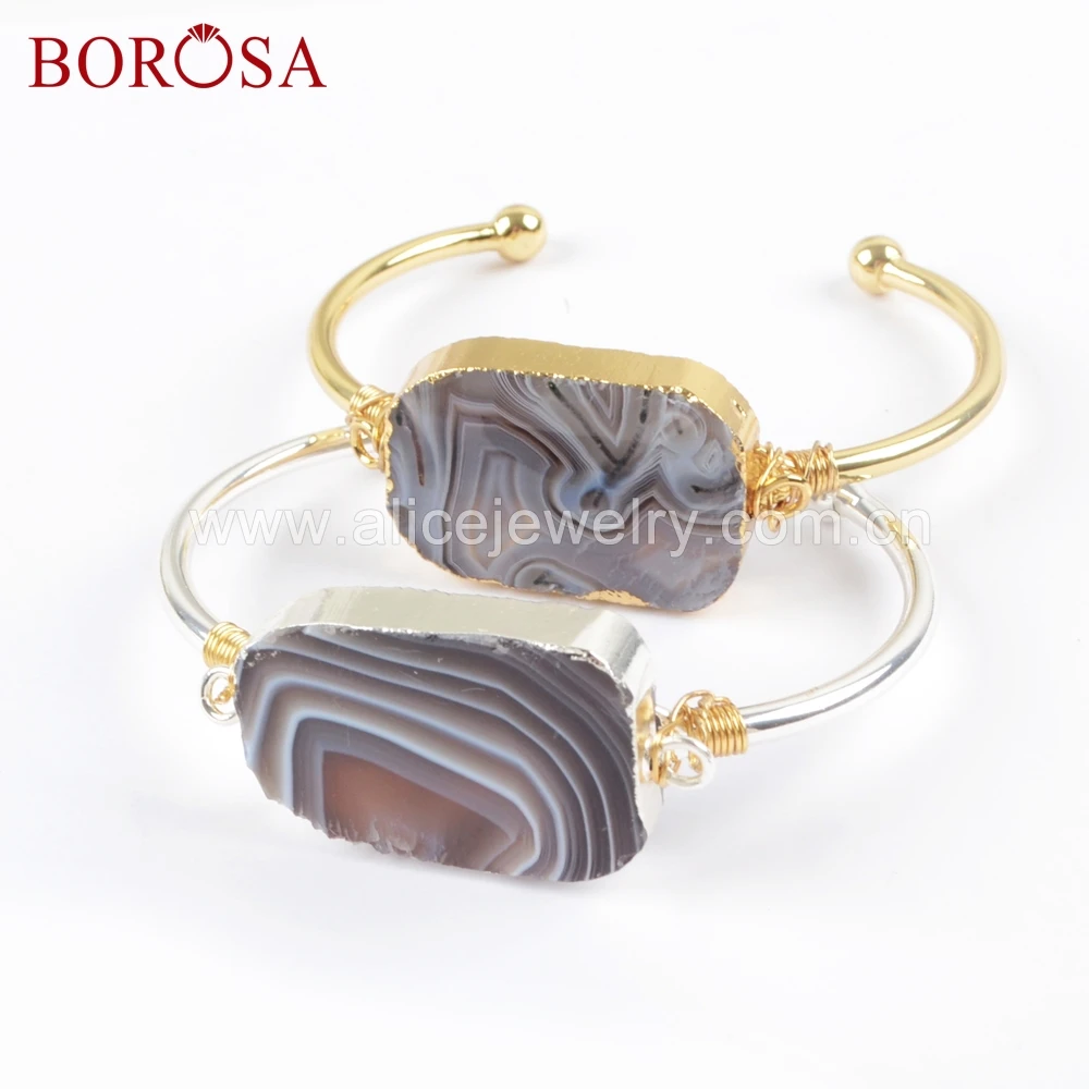 

BOROSA 5pcs Gold Silver Color Wire Wrapped Botswana Agates Bangle Natural Druzy Stone Bracelet for Women Jewelry G1664 S1664