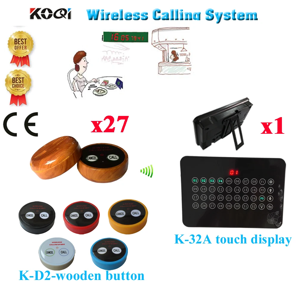 Wireless Buzzer Calling System Ycall Brand CE NEW Restaurant Equipment Table Bell With Panel Receiver(1 display+27 call button)