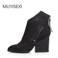 Woman Boots with Heels Winter Ankle Boots Pointed Toe Zipper Boots Black High heeled Chunky Heel Ankle Boots LR01 MUYISEXI