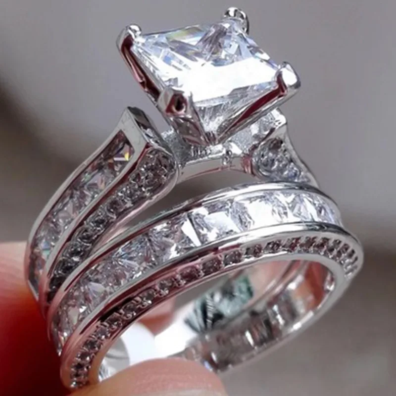 

2-in-1 Womens Rings Vintage White Aneis Silver Engagement Wedding Band Ring Set Jewelry Accessories Rhinestone Ring Ornaments