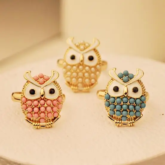

New listing popular exquisite ring cute alloy owl imitation pearl rice beads delicate female ring 1pcs