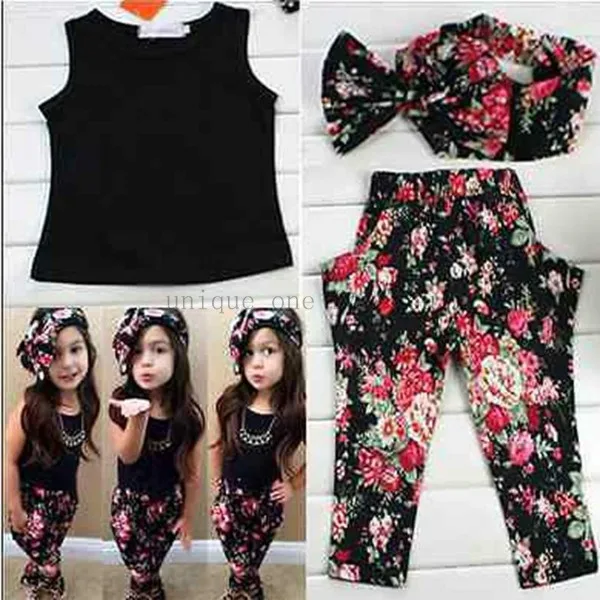 Hot summer baby girls clothes vest t-shirt + flower pants + headband pattern style baby suit for baby kids girls clothing sets01