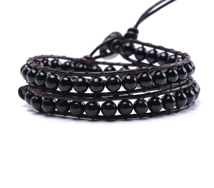 6 мм круглый черный onxy натуральный камень кожаный браслет с бисером для женщин ручной работы 2 обертки Браслеты Pulseiras модные ювелирные изделия подарок