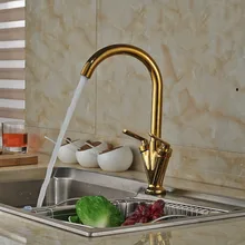 Золотой латуни смеситель для кухни Faucet двойной ручкой гора горячие холодной водопроводной воды