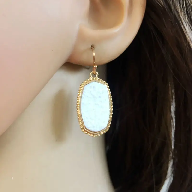 

Wholesale 6 Pair Lot Gold Colorful Druzy Stone Mini Drusy Oval Drop Earrings Stunning Chic Statement Mini Jewelry Fall New