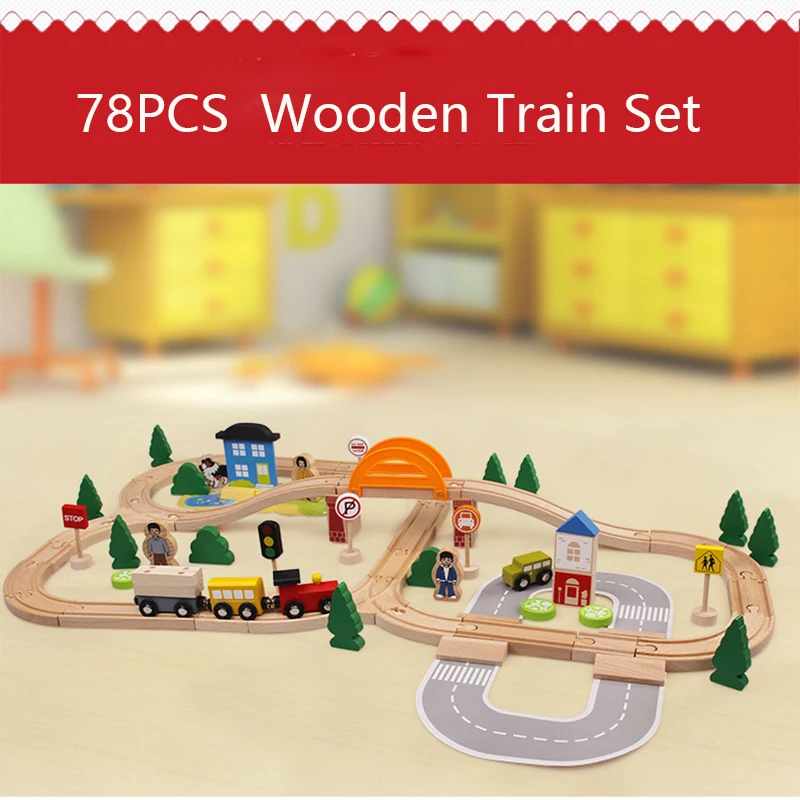 

78PCS Traffic Wooden Train Track Magnetic Car Model Slot Puzzles Wooden Railway Early Educational Toy For Children And Friends