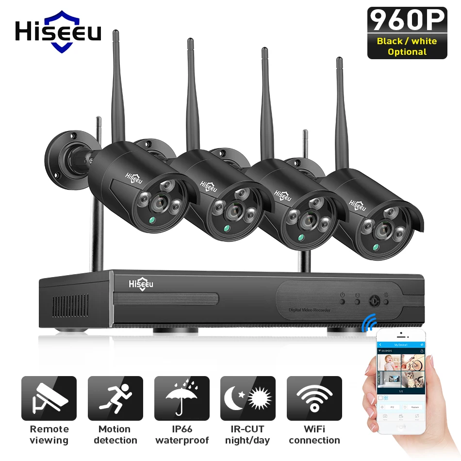 Hiseeu Wireless CCTV camera System 960P 4ch 1.3MP IP Camera waterproof outdoor P2P Home Security video Surveillance Kits | Безопасность