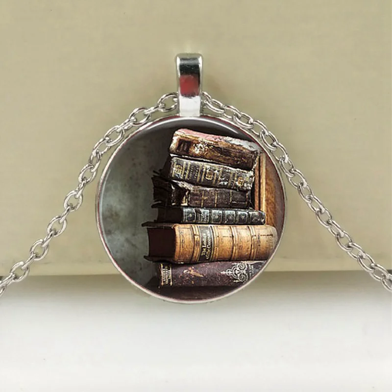 

New Trendy Stack Of Antique Books Pendant Necklace Vintage Book Jewelry Glass Cabochon Pendants Gift For Reader Or Writer