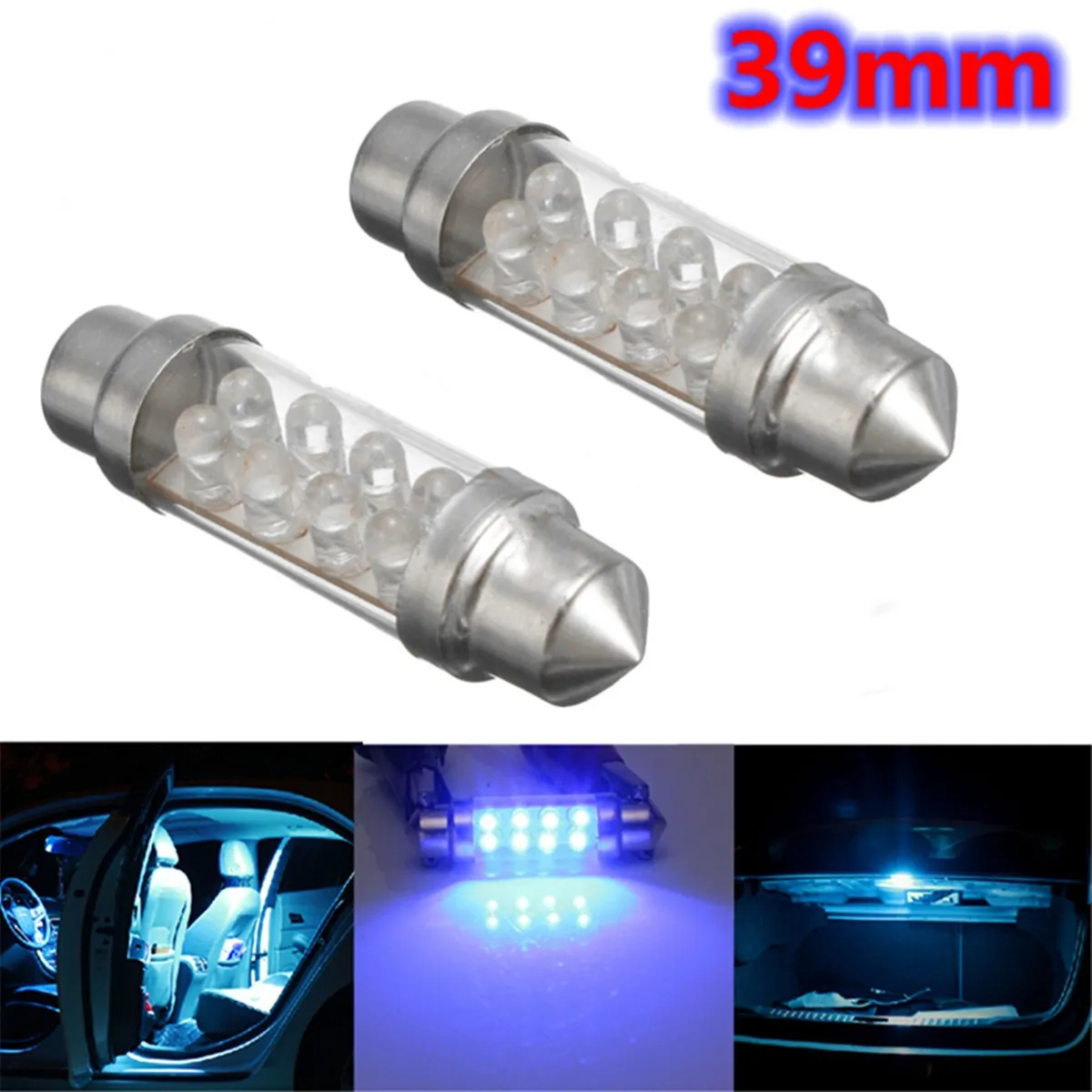 2Pcs Universal Festoon 8 SMD 39mm Car LED Bulbs Interior Dome Festoon
