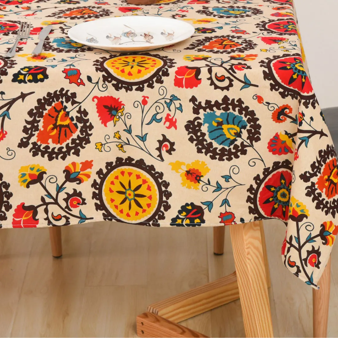 

Hot Sale Sunflower Rectangular Table Cloth Linen Cotton Lace Edge Table Covers
